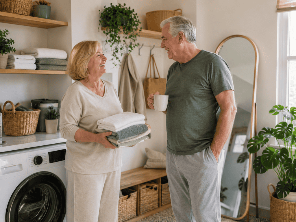 An older couple smiling and talking in a laundry room, with the man holding a coffee mug and managing male stress incontinence, while the woman holds a stack of folded towels.