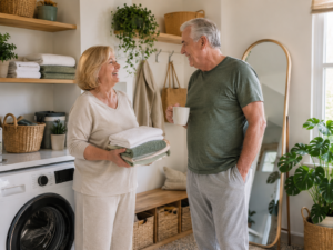 An older couple smiling and talking in a laundry room, with the man holding a coffee mug and managing male stress incontinence, while the woman holds a stack of folded towels.