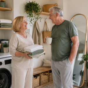 An older couple smiling and talking in a laundry room, with the man holding a coffee mug and managing male stress incontinence, while the woman holds a stack of folded towels.