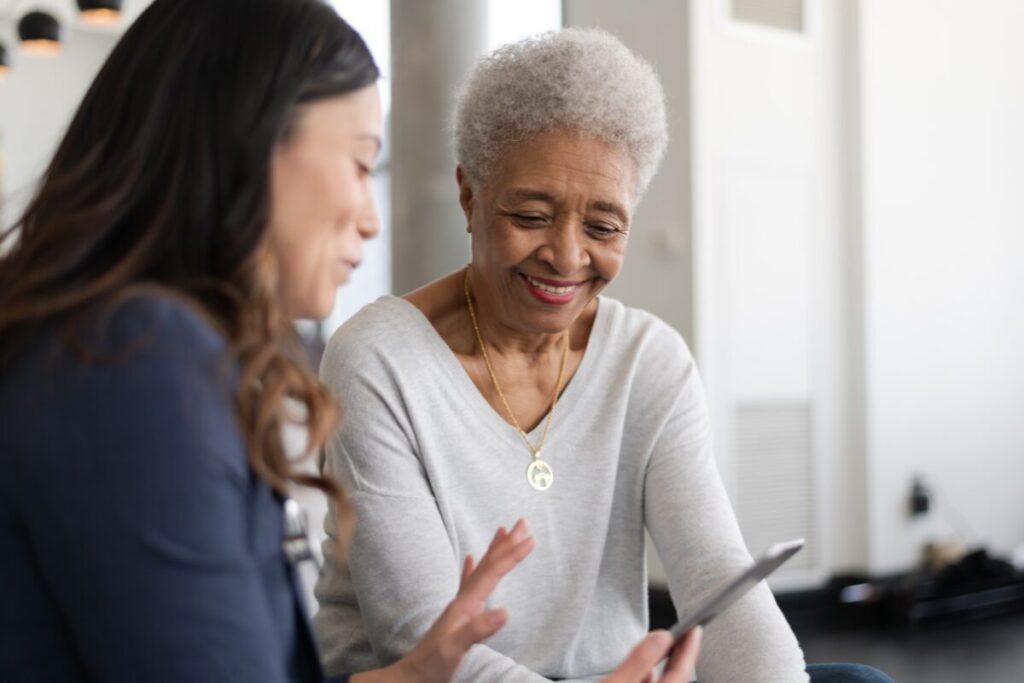 women looking at phone.