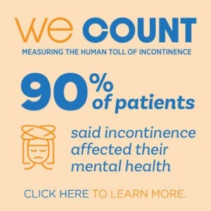 Infographic titled We Count shows that 90% of patients said bowel health conditions and incontinence affected their mental health. Includes a sad face icon and a prompt to click for more information.