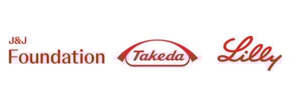 Logos for J&J Foundation, Takeda, and Lilly—each in red font—are displayed side by side on a white background, featured in a recent pelvic floor podcast episode.