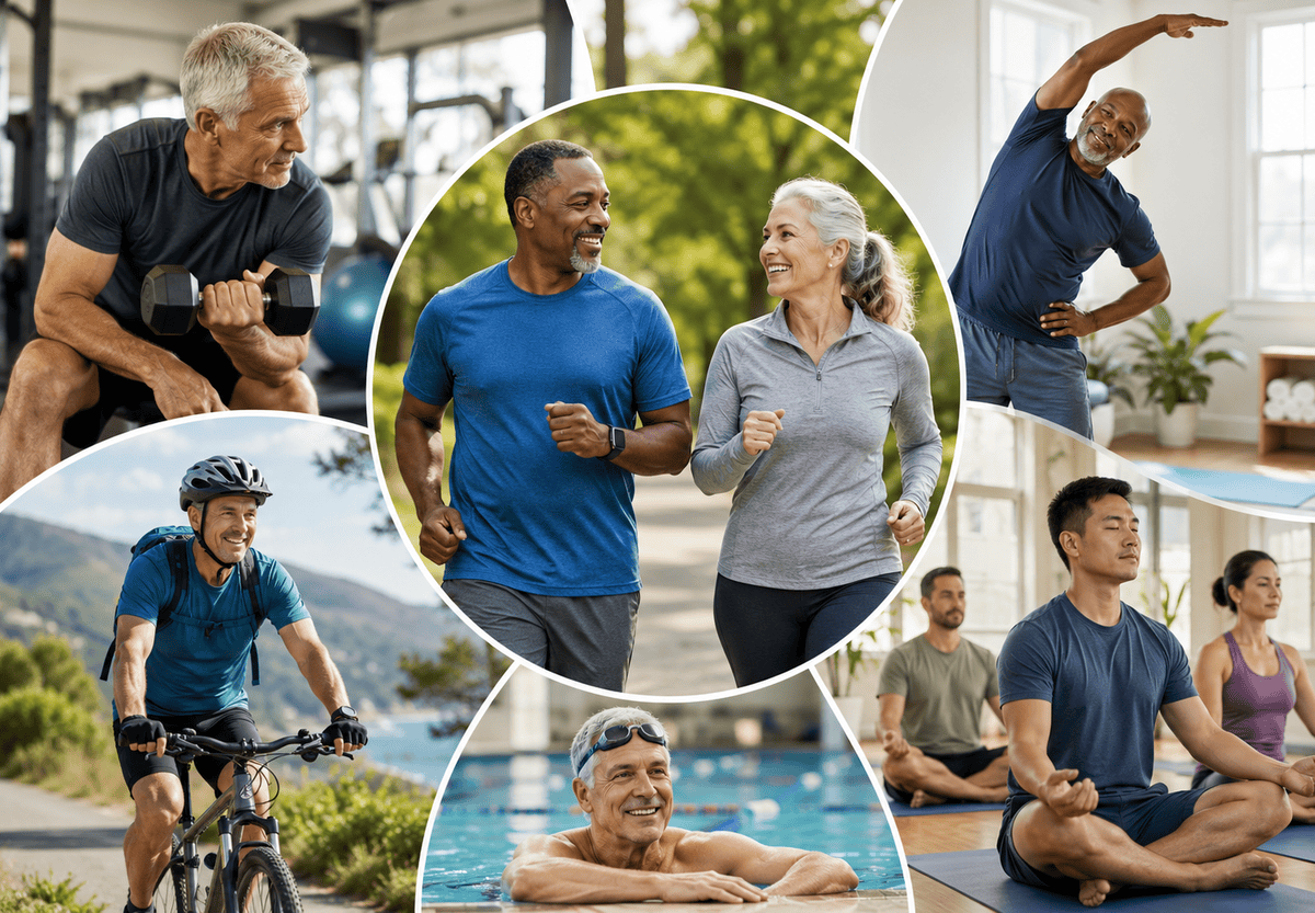 ChatGPT Image Jul 15, 2026, 06_11_47 PM Collage showing active older adults running, lifting weights, swimming, cycling, doing yoga, and stretching—all appearing happy and healthy in various indoor and outdoor settings—highlighting the importance of staying fit for overall wellness and optimal bladder health.