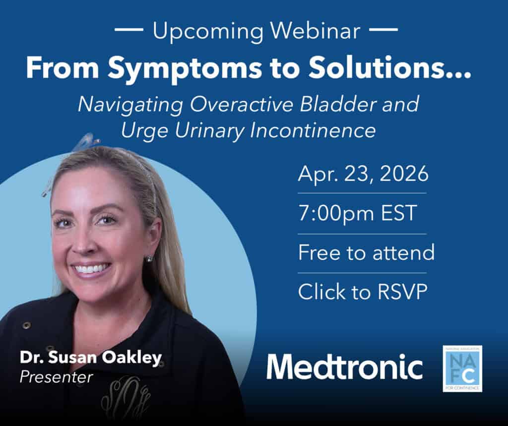 Webinar promo featuring Dr. Susan Oakley about navigating overactive bladder and urge urinary incontinence, scheduled for April 23, 2026, at 7:00pm EST. Free to attend, hosted by Medtronic and NAFC.