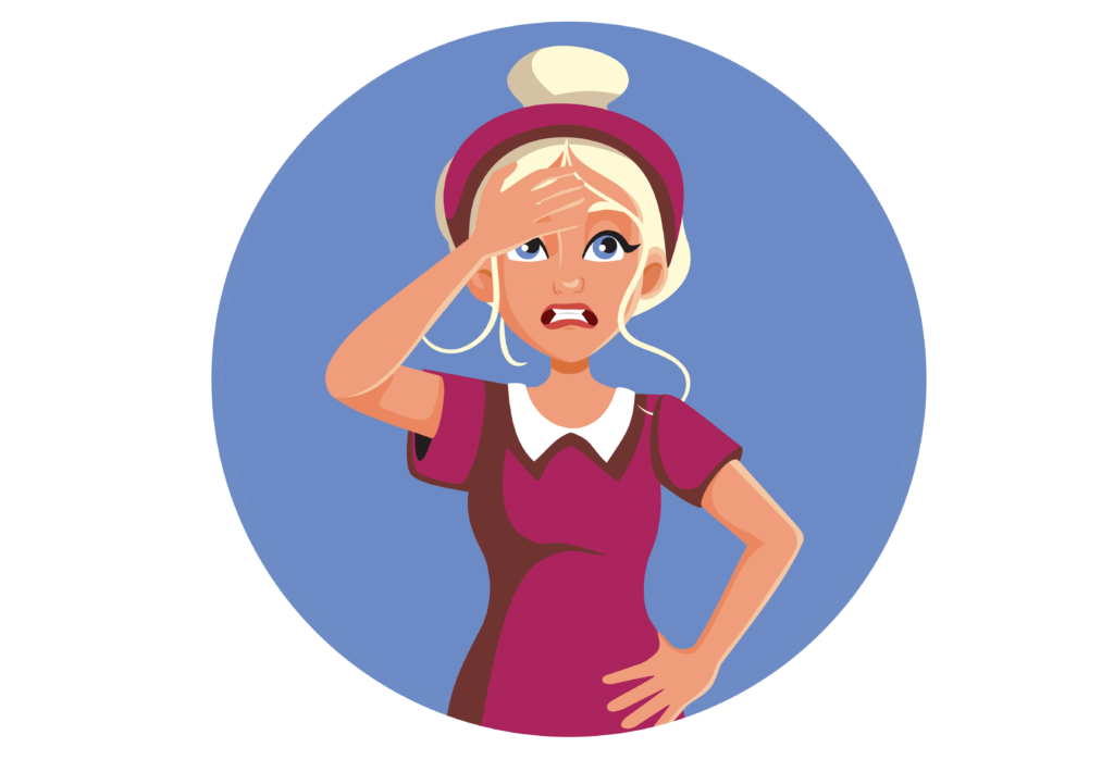 woman standing holding head.