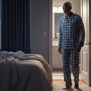 An older man in plaid pajamas stands barefoot by his bed at night, looking tired. The room is dimly lit, with an unmade bed, a nightstand with a lamp, and a digital clock showing 3:17 AM—challenges like incontinence and skin protection on his mind.