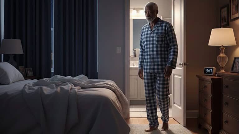An older man in plaid pajamas stands barefoot by his bed at night, looking tired. The room is dimly lit, with an unmade bed, a nightstand with a lamp, and a digital clock showing 3:17 AM—challenges like incontinence and skin protection on his mind.