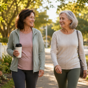 Two older women smiling and walking together on a sunny neighborhood sidewalk, one holding a coffee cup. Both enjoy the confidence provided by discreet incontinence products for women. Trees and houses line the street in the background.