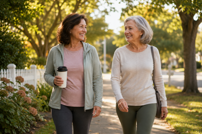 Two older women smiling and walking together on a sunny neighborhood sidewalk, one holding a coffee cup. Both enjoy the confidence provided by discreet incontinence products for women. Trees and houses line the street in the background.