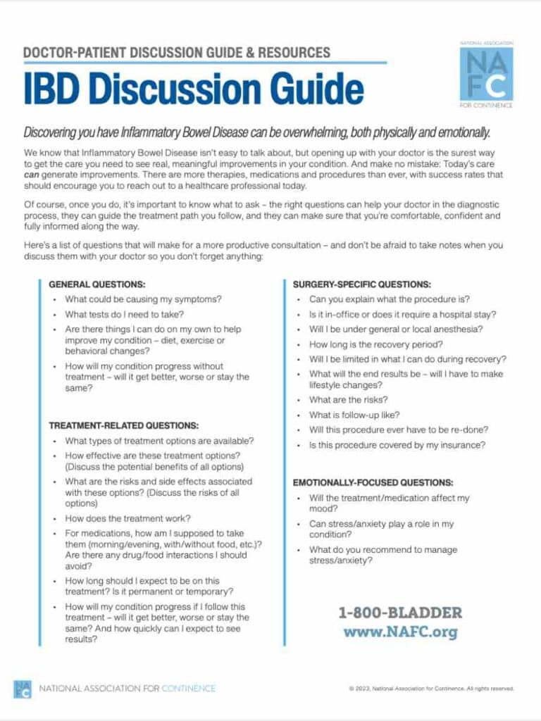 IBD Discussion Guide with lists of questions for your doctor about Inflammatory Bowel Disease—general, treatment, and surgery topics. Includes a helpline, NAFC logo, and highlights the pelvic floor podcast for additional support.