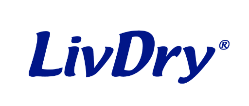 The image shows the LivDry logo, with the brand name LivDry written in blue, stylized cursive font, and a small registered trademark symbol in the upper right corner. The background is white.