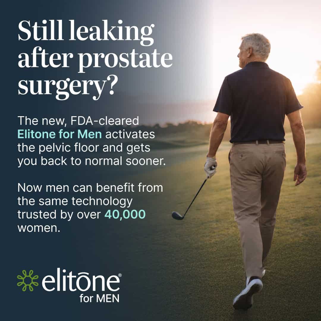 An older man walking on a golf course holds a club. Text promotes Elitone for Men, an FDA-cleared device for pelvic floor activation after prostate surgery—an innovative alternative to traditional incontinence products.