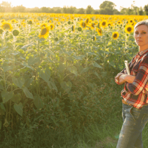 A woman in a plaid shirt and jeans stands with her arms crossed in a large sunflower field at sunset, holding a tablet while reviewing caregiving resources.