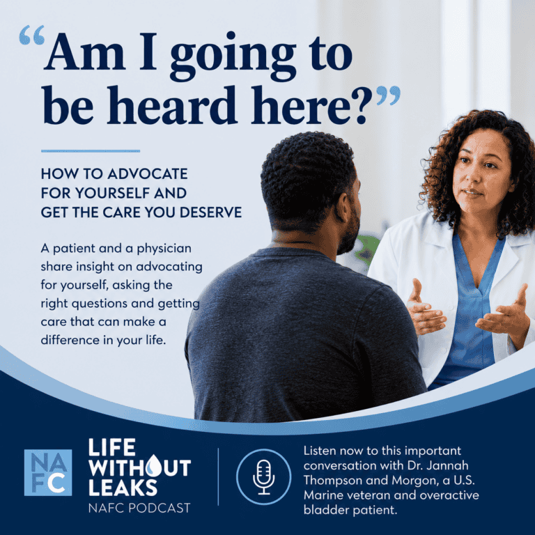 A doctor speaks to a patient in a clinic. Text discusses advocating for care, exploring Gut Health and how to improve gut health, and introduces a podcast episode featuring Dr. Jannah Thompson and Morgan, a U.S. Marine veteran and bladder patient. NAFC and podcast logos are visible.
