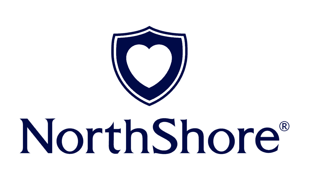 NorthShore logo with a navy blue shield containing a white heart above the word NorthShore in navy blue text on a light gray background, reflecting our commitment to support and share important urinary incontinence facts.