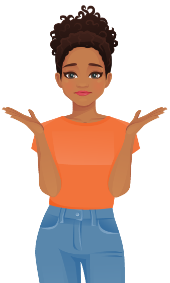 cartoon woman in orange shirt with hands out.