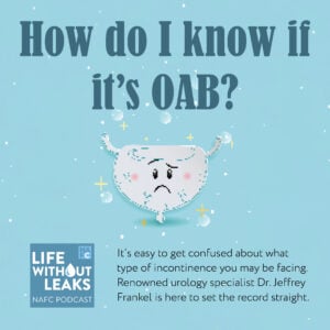 A cartoon bladder with a worried face is surrounded by droplets, set against a blue background. Large text reads, How do I know if it’s OAB? Discover the link between OAB and gut health. Podcast info and details are listed below.