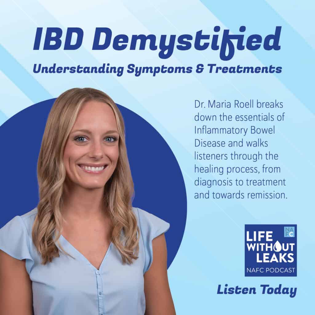 Smiling woman with blonde hair in a blue shirt stands in front of a blue background. Text reads: “IBD Demystified: Understanding IBD Symptoms & Treatments,” promoting a podcast episode about Inflammatory Bowel Disease.