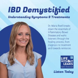 Smiling woman with blonde hair in a blue shirt stands in front of a blue background. Text reads: “IBD Demystified: Understanding IBD Symptoms & Treatments,” promoting a podcast episode about Inflammatory Bowel Disease.