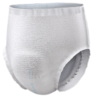 A single disposable adult pull-up diaper is shown upright on a plain background. The diaper is white with elastic leg openings and a stretchy waistband, offering comfort and confidence for those prioritizing gut health in their daily routine.