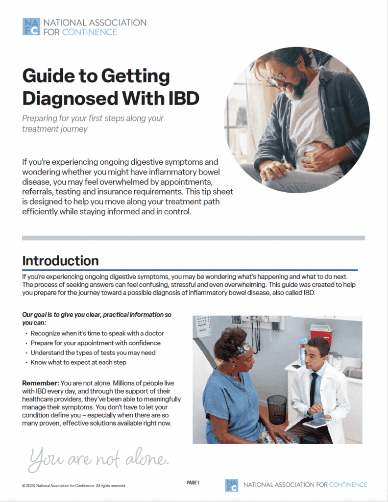 A brochure cover from the National Association for Continence titled Guide to Getting Diagnosed With IBD, featuring a doctor talking to a patient and highlighting support, information, and resources like their pelvic floor podcast for those with inflammatory bowel disease.