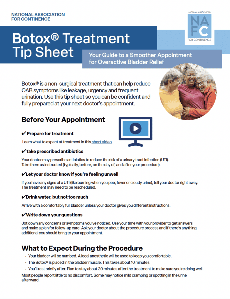 An informational tip sheet about botox for overactive bladder, featuring preparation steps, what to expect during the procedure, and the National Association for Continence logo in the top right corner.