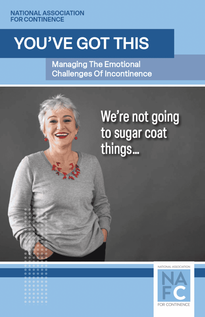 A smiling older woman with short gray hair and a red necklace stands against a gray background. Text reads, Were not going to sugar coat things... and promotes managing the emotional challenges of incontinence.