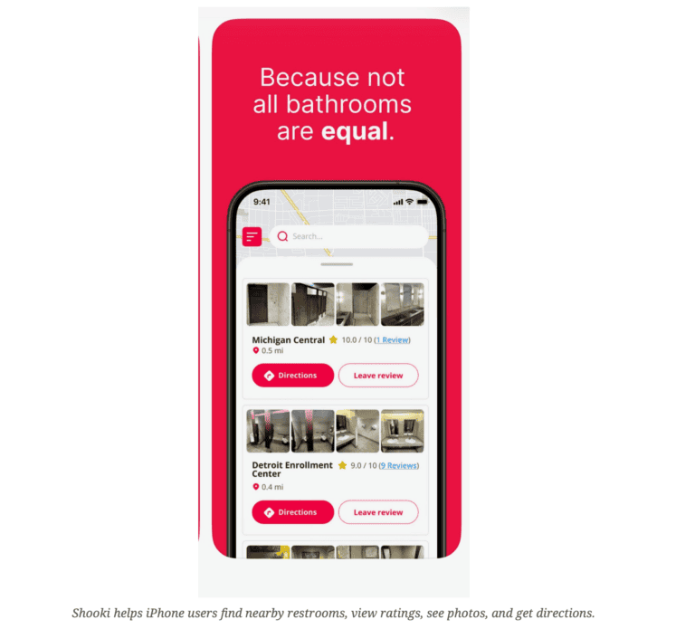 An iPhone displays a restroom finder app showing photos, ratings, and locations, with text above saying Because not all bathrooms are equal—perfect for anyone focused on gut health.