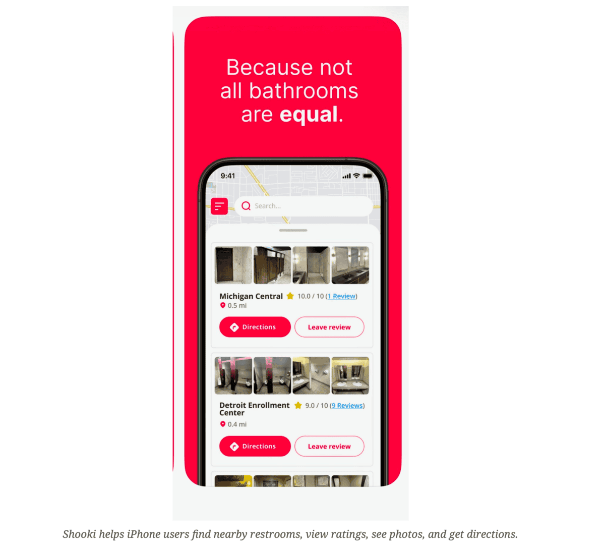 ShookiAppPhoto An iPhone displays a restroom finder app showing photos, ratings, and locations, with text above saying Because not all bathrooms are equal—perfect for anyone focused on gut health.
