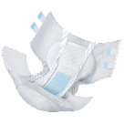 A disposable adult diaper with blue adhesive tabs and elastic edges, shown open and floating against a white background, is designed to support comfort and confidence—important aspects when addressing gut health.