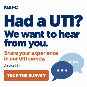 Blue and orange text invites adults 18+ who have had a UTI to share their experience in a survey. Speech bubbles illustrate conversation, and an orange button says Take the survey..