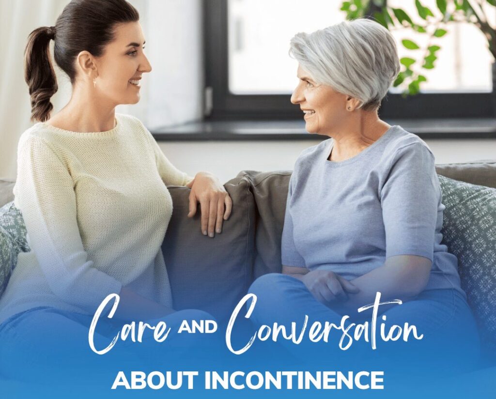 woman and mother sitting on couch talking.