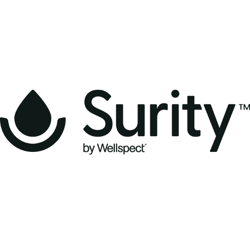 Black logo with a teardrop-shaped icon and the word Surity in bold font, followed by by Wellspect in smaller text underneath. The overall design is simple and modern.