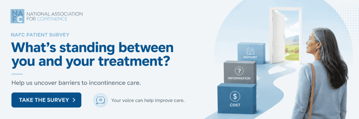 A woman looks at three labeled blocks—support, information, and cost—on a path, with the text: Whats standing between you and your treatment? promoting an incontinence care survey.