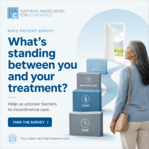 An older woman looks at an open door beyond blocks labeled support, information, cost, and time. Text encourages taking a survey about barriers to incontinence treatment. NAFC logo is shown.