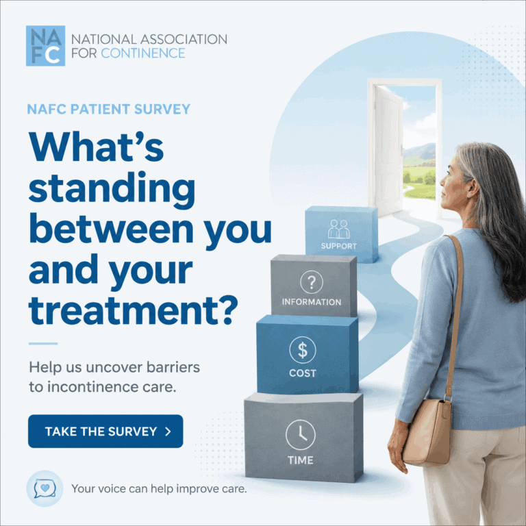 An older woman looks at an open door beyond blocks labeled support, information, cost, and time. Text encourages taking a survey about barriers to incontinence treatment. NAFC logo is shown.