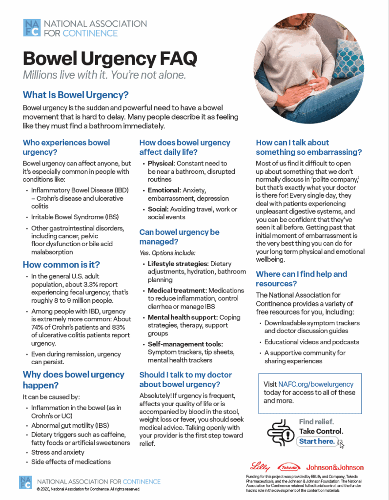 A health info flyer titled Bowel Urgency FAQ explains symptoms, causes, and impacts of bowel urgency, offers management tips, and provides a helpline number. An inset photo shows a person holding their abdomen.