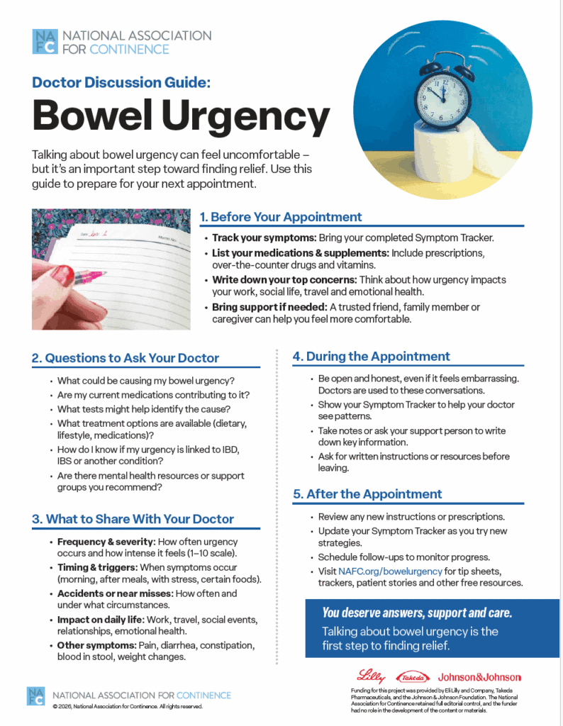 A colorful, informative flyer titled Doctor Discussion Guide: Bowel Urgency lists steps to prepare for a medical appointment, questions to ask your doctor, and tips for discussing bowel urgency symptoms.