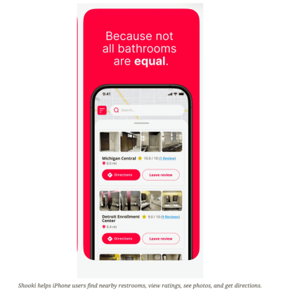 An iPhone displays a restroom finder app showing photos, ratings, and locations, with text above saying Because not all bathrooms are equal—perfect for anyone focused on gut health.