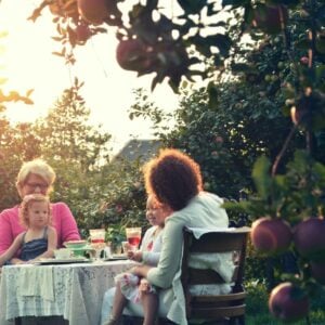 family sitting outside.
