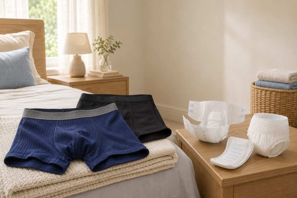 Two pairs of men's underwear and four types of adult incontinence products, including bladder leakage pads, are displayed on a bed and nightstand in a softly lit bedroom.