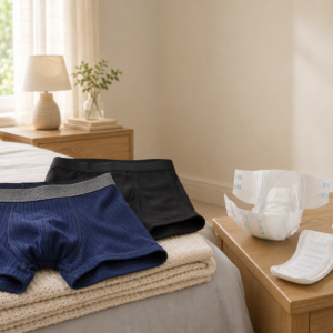 Two pairs of men's underwear and four types of adult incontinence products, including bladder leakage pads, are displayed on a bed and nightstand in a softly lit bedroom.
