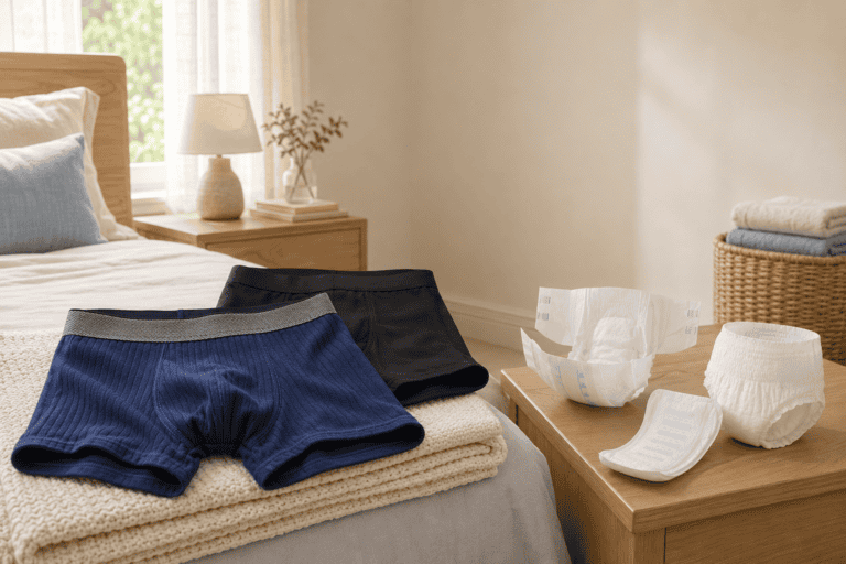Two pairs of men's underwear and four types of adult incontinence products, including bladder leakage pads, are displayed on a bed and nightstand in a softly lit bedroom.