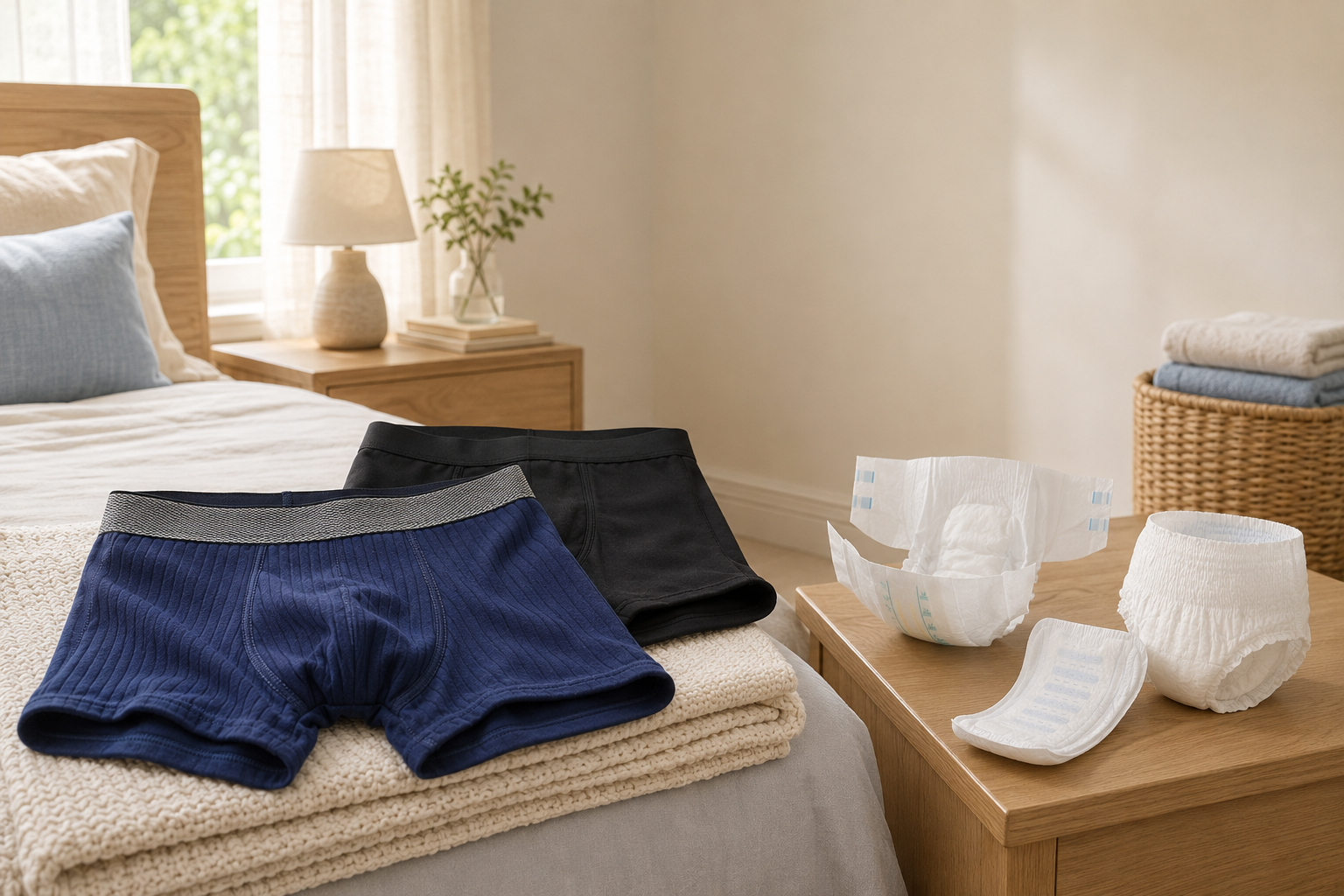 image1-banner Two pairs of men's underwear and four types of adult incontinence products, including bladder leakage pads, are displayed on a bed and nightstand in a softly lit bedroom.