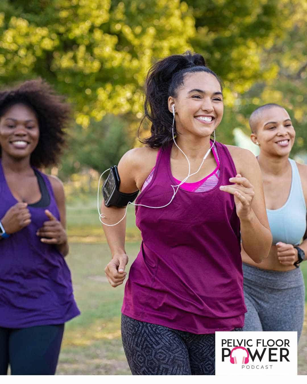 group of three women running outside.
