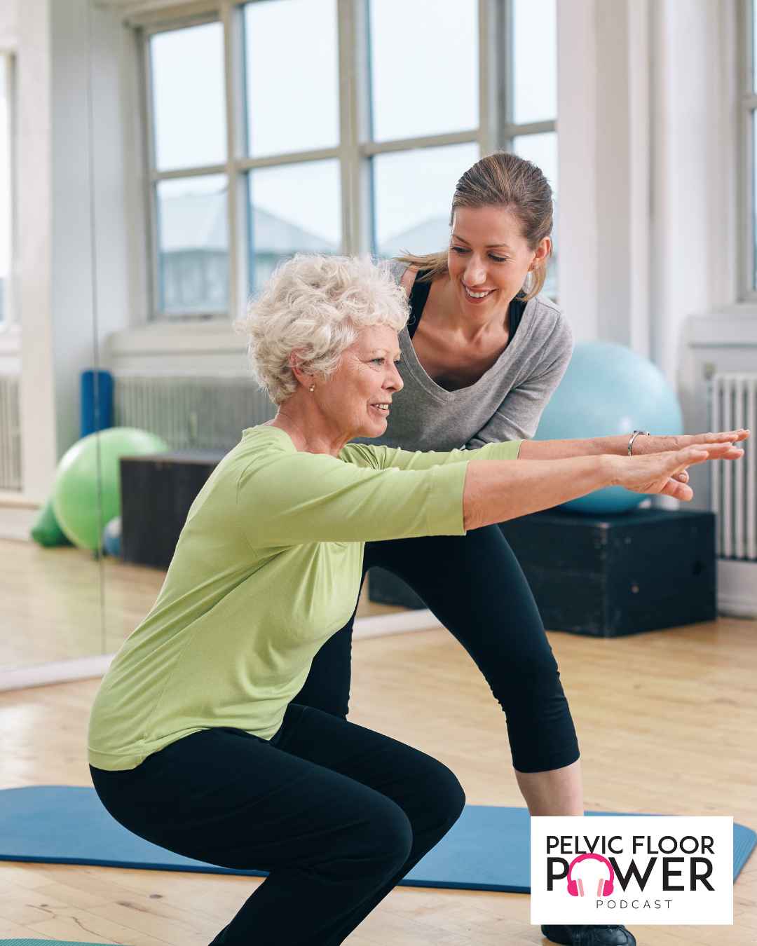 woman doing a squat with someone assisting her.