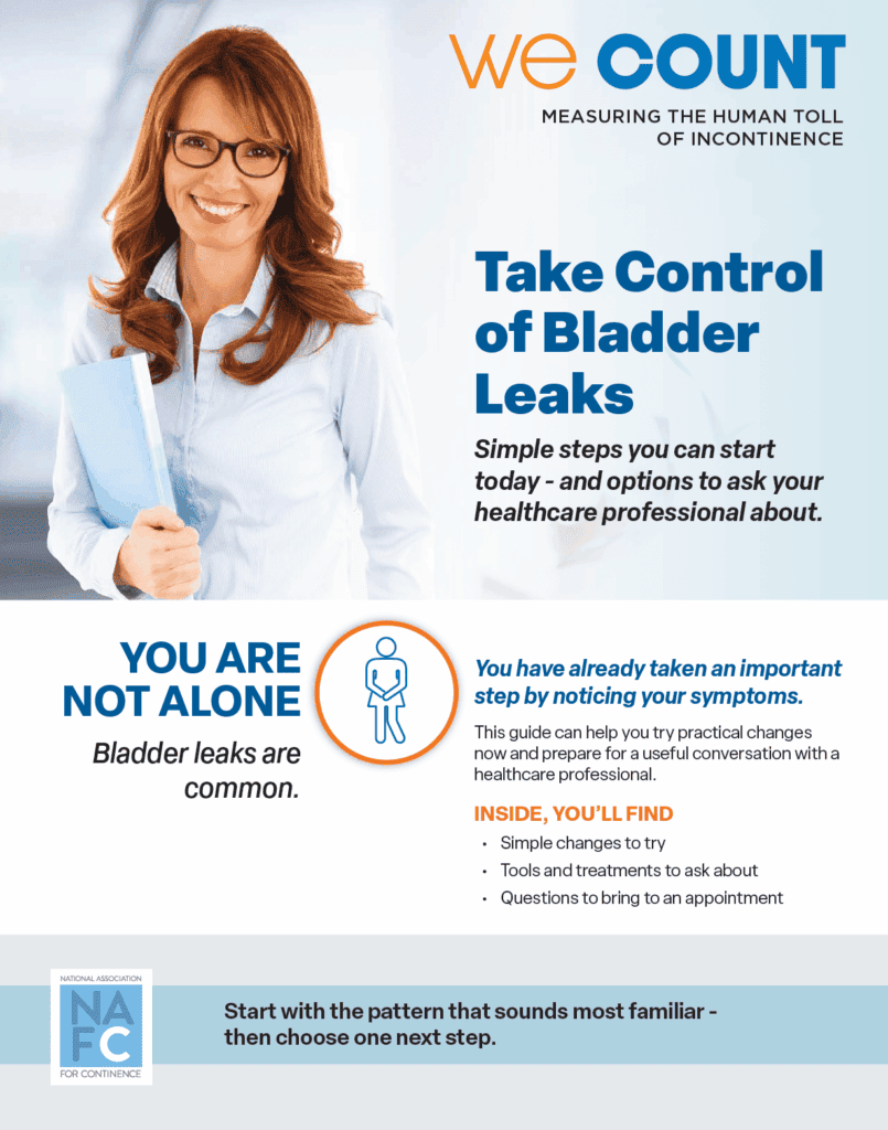 Infographic titled We Count: Measuring the Human Toll of Incontinence, offering guidance on managing bladder leaks and encouraging readers to consult a healthcare professional.